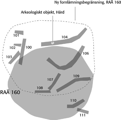 RAÄ 160 På RAÄ 160 grävdes sammanlagt 211 meter schakt fördelat på elva schakt. En klar och tydlig begränsning för denna boplatslämning kunde lokaliseras.