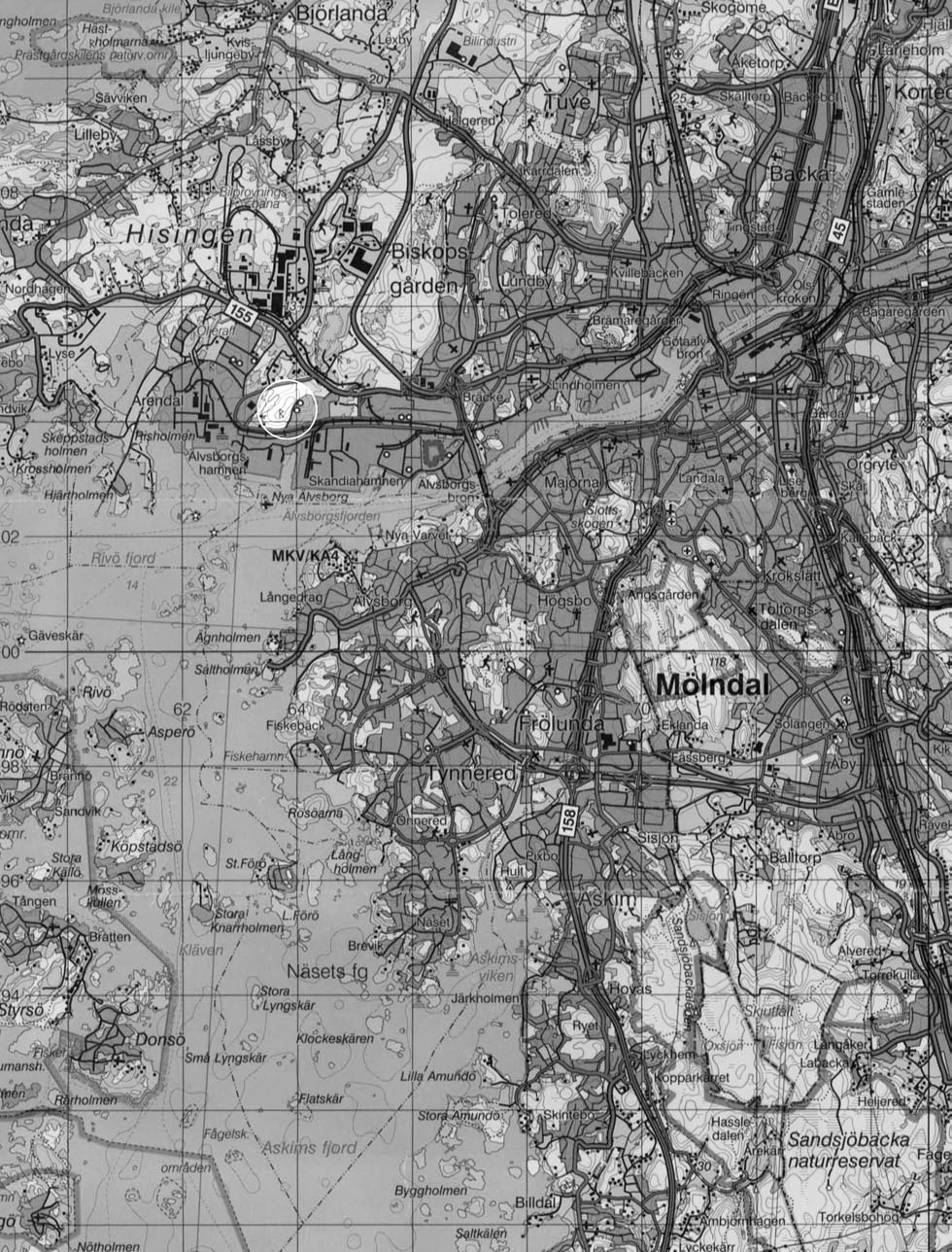 Fig. 2. Utsnitt ur Blå kartan, blad 61 Göteborg, med platsen för undersökningen markerad. Skala 1:100 000.