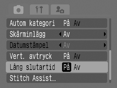 Fotografering med lång slutartid Fotograferingsmetod Du kan ange en lång slutartid om du vill att mörkare motiv ska se ljusare ut. 1 Menyn (Lagring) [Lång slutartid] [På].