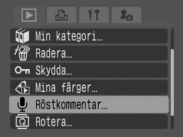 Lägga till röstkommentarer till bilder När kameran står på uppspelning (även enbilds- och indexvisning) kan du lägga till röstkommentarer (upp till en minut) i en bild. Ljudet sparas i WAVE-format.