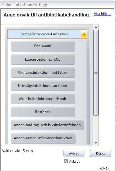 Misstänkt infektion som behandlas 1. En rullmeny med olika diagnosval fälls ut 2.