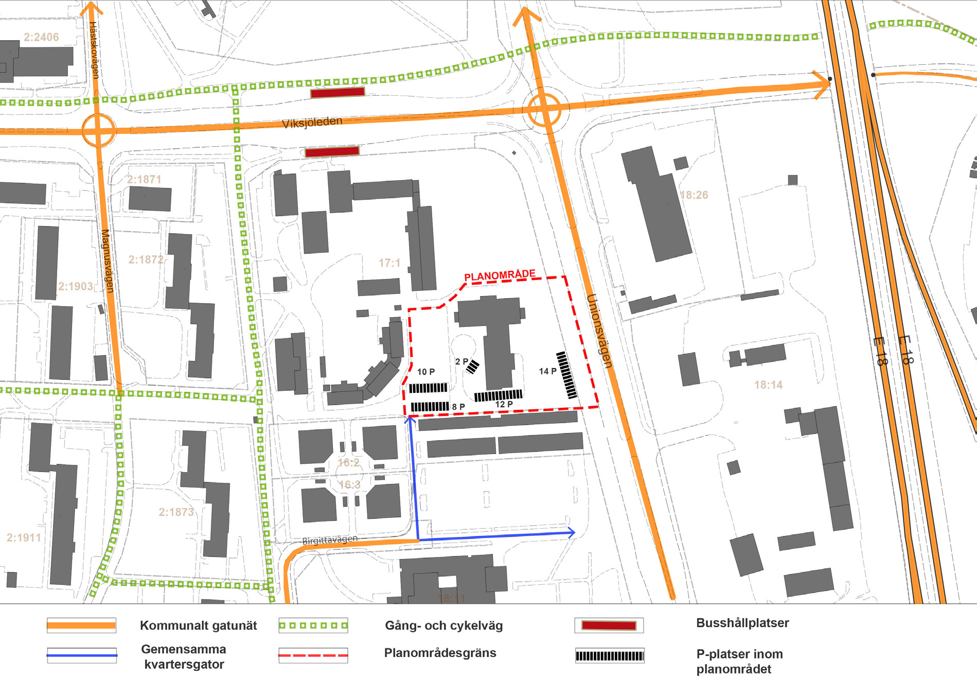 är det ca 650 m till Jakobsbergs pendeltågsstation. Biltrafik Planområdet nås idag via en gemensam tillfart från Birgittavägen. Parkeringar Idag finns ca 44 p-platser inom planområdet, varav 18 st.