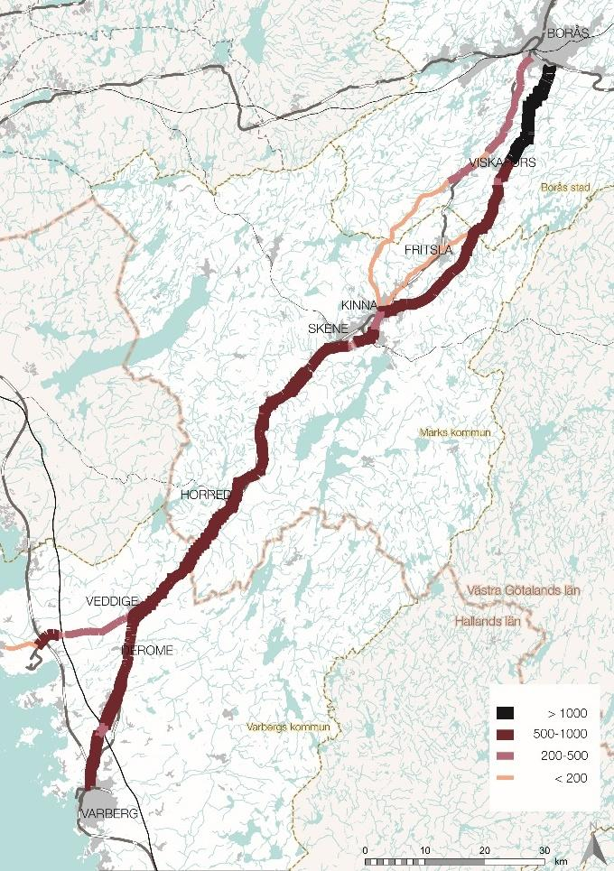 De överlägset största strömmarna av pendling som sker inom den egna kommunen finns i Borås respektive Varberg.