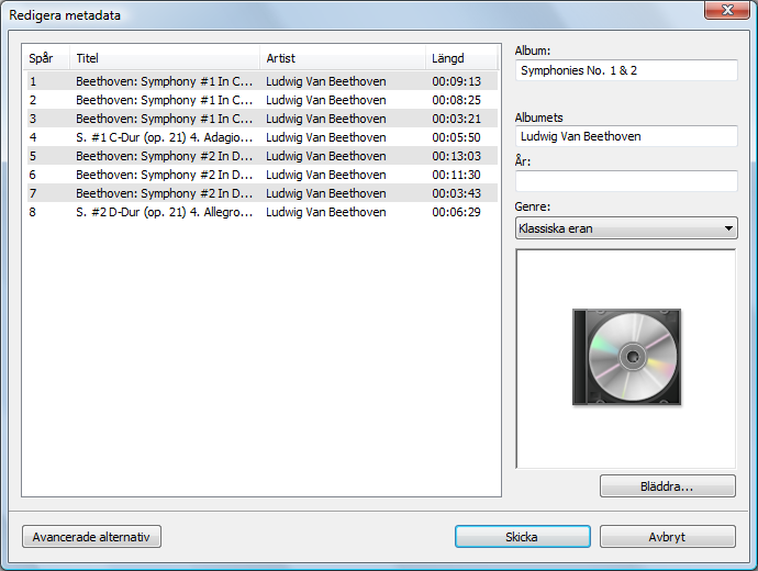Musik Redigera metadata Fönstret Redigera metadata öppnas även om det inte finns några träffar i databasen men du vill ange metadata och göra dem tillgängliga. 5.