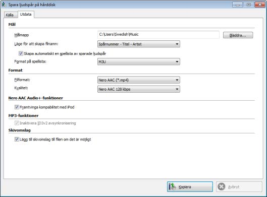 Musik 5.4.1.2 Fliken Utdata Du kan ange egenskaperna för de ljudfiler som skapas på fliken Utdata.