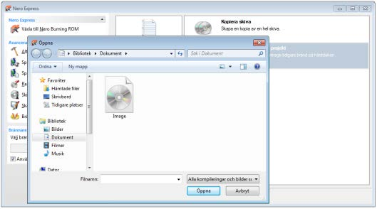 Öppna en imagefil eller ett sparat projekt 7 Öppna en imagefil eller ett sparat projekt Med Nero Express kan du bränna en skiva från en skivavbildning eller skivkompilering som du tidigare sparat på