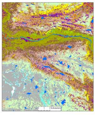 Fjällvegetationsklassning med SPOT satellitbilder + laserdata Sammanfattning: - Topografisk korrigering av satellitdata med laserdata kräver