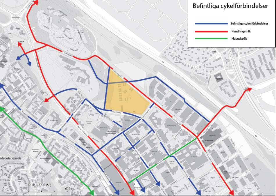 Sida 14 (38) Kista Centrum Befintliga cykelförbindelser i området. Pendlingsstråk och huvudstråk markerade i rött respektive grönt. Utsnitt från Stockholms stads cykelplan.