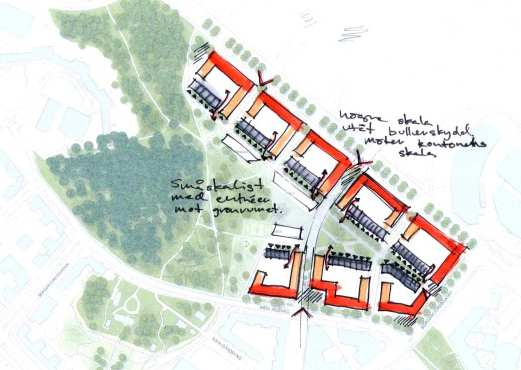 Bebyggelsen, i form av tydligt avgränsade kvarter, placeras utmed Kista Alléväg, Borgarfjordsgatan och Torshamnsgatan.