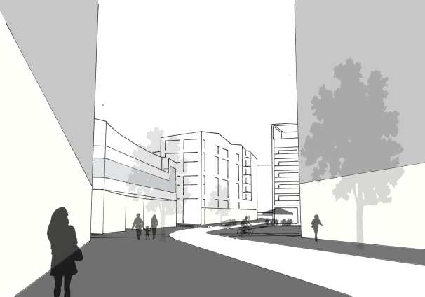 Sida 19 (38) parken och Kista Gård. Trottoarer och de lokala cykelstråken på båda sidor av gatan avgränsas från biltrafiken med trädrader. Bilparkering möjliggörs vid kantstenen.