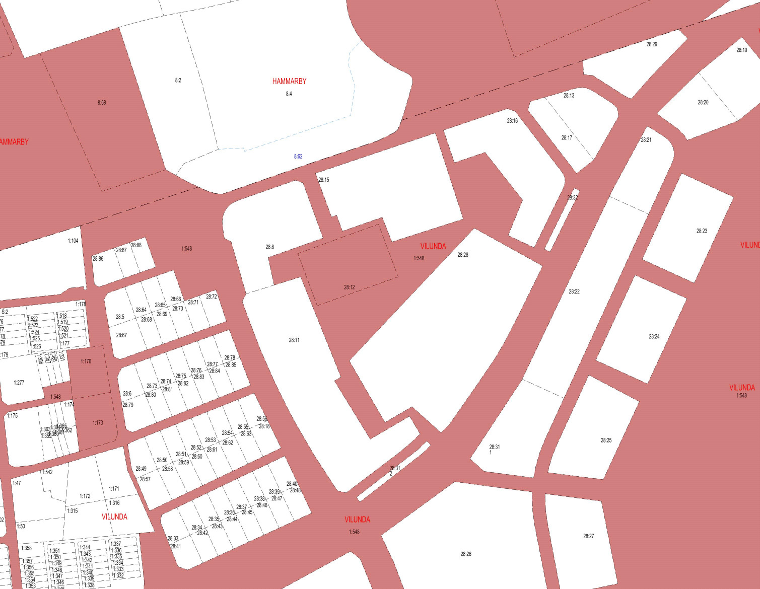 Fastighetsbildning Nuvarande fastighetsindelning, rött = allmän platsmark, vitt = kvartersmark Principskiss enligt planförslag, vitt = allmän platsmark, gult (bostäder), rött (skola) och brunt