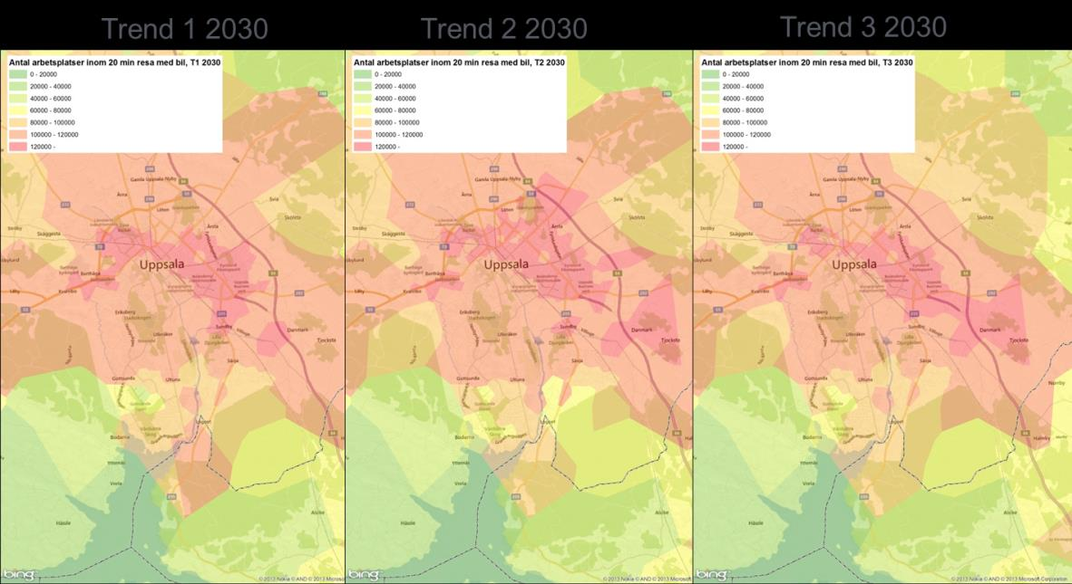 min, år 2011 samt Trend Bas och Trend 1 2030.