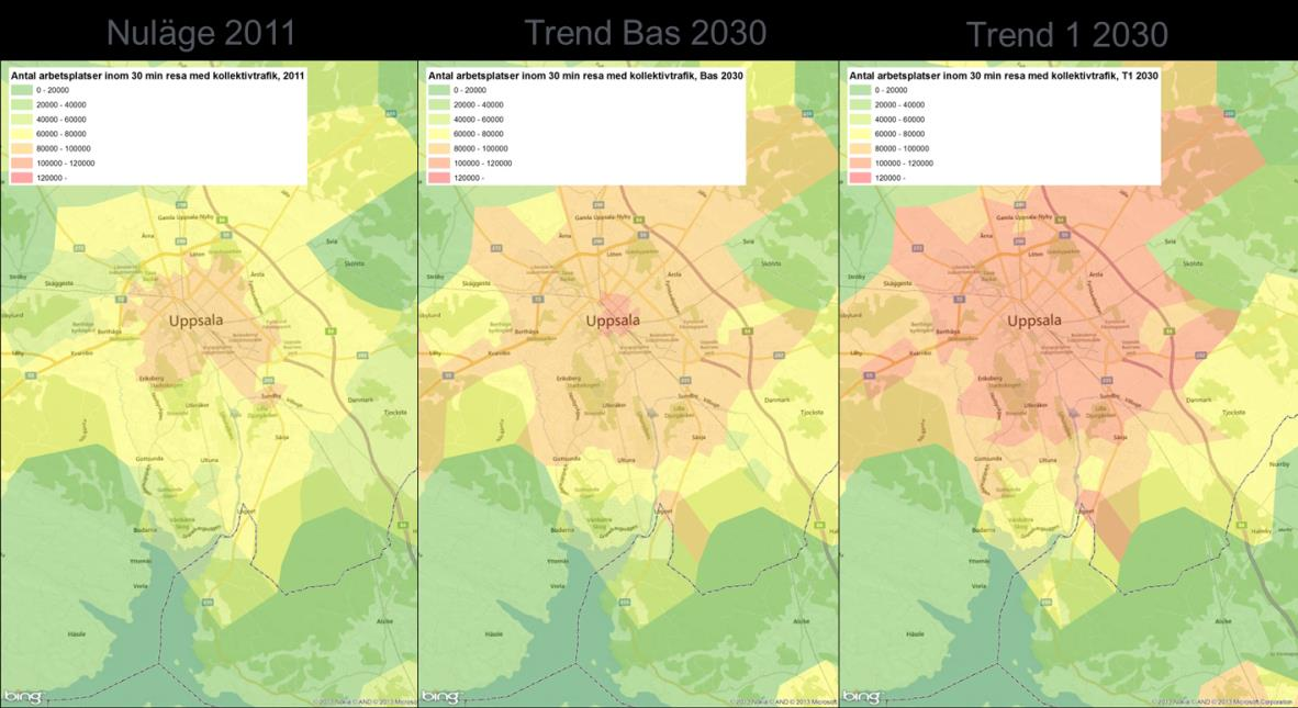 Uppdragsnr: 10177792 13 (39) Figur 4.4 Tillgänglighet till arbetsplatser med kollektivtrafik, 30 min, år 2011 samt Trend Bas och Trend 1 2030. Figur 4.5 Tillgänglighet till arbetsplatser med kollektivtrafik, 30 min, Trend 1-3 2030.