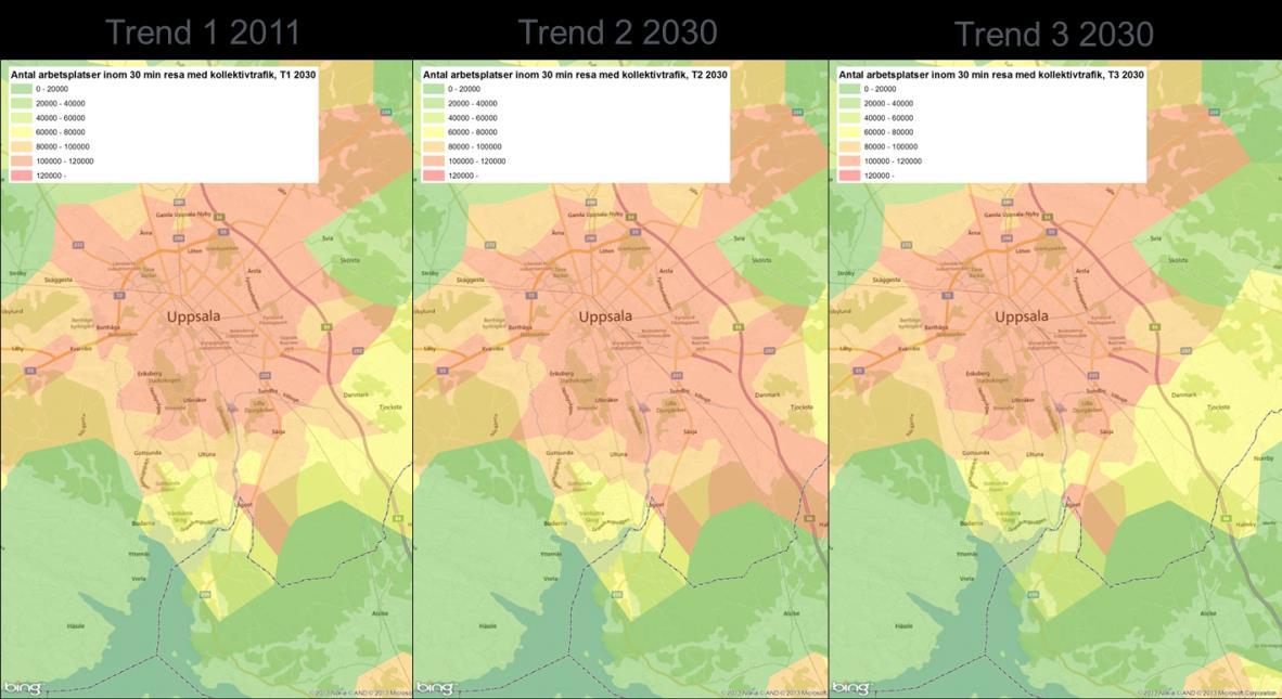 Mellan scenario 1, 2 och 3 syns vissa skillnader i hur tillgängligheten fördelas geografiskt, dock är det svår att säga att något enskilt alternativ har en överlag klart