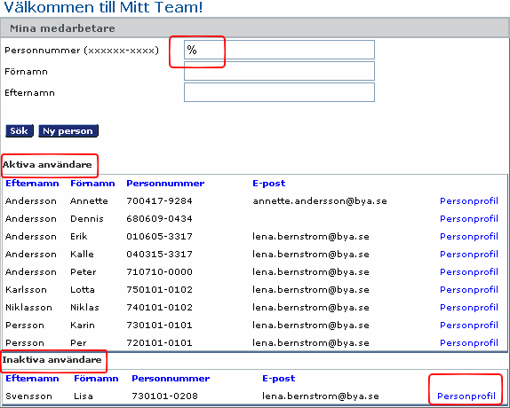 4.1 Hem 4.1.1 Mina medarbetare I rutan Mina medarbetare kan du söka fram de personer som är knutna till ditt team.