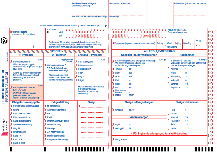 Landstinget Dalarna 2(6) AKTUELLT FRÅN KLINISK KEMI Ny remiss Protein/Allergi Från och med 2010-11-17 finns en ny remiss att beställa från Mediq (före detta KD) till Protein- och Allergi-analyser.