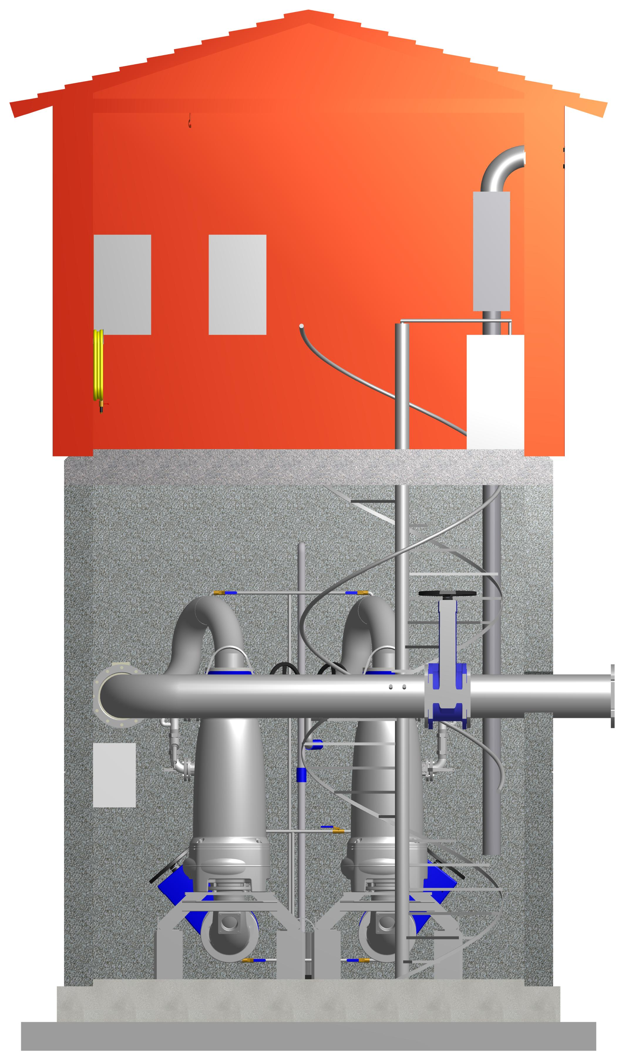 Dimensioneras efter tyngsta utrustning i ventilkammare, pumpar lyfts dock igenom luckor i däckets utomhusdel.