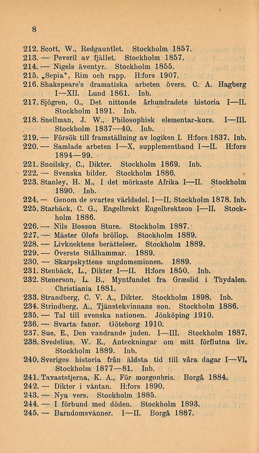 Försök överste 8 212. Scott, W., Redgauntlet. Stockholm 1857. 213. Peveril av fjället. Stockholm 1857. 214. Nigels äventyr. Stockholm 1855. 215. asepia", Rim och rapp. H:fors 1907. 216.