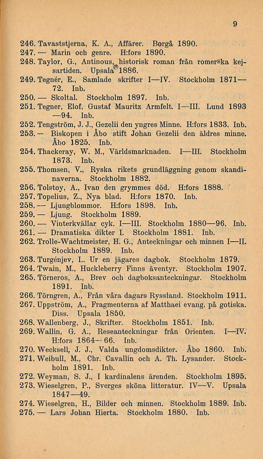 246. Tavaststjerna, K. A., Affärer. Borgå 1890. 247. Marin och genre. H:fors 1890. 248. Taylor, G., Antinous, historisk roman från romerska kejsartiden. Upsala* 1886. 249. Tegner, E.