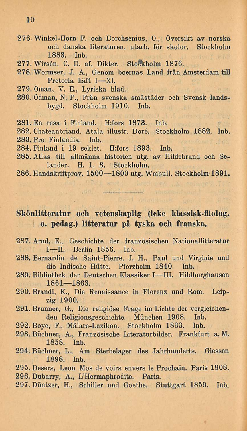 10 276. Winkel-Horn F. och Borchsenius, 0., översikt av norska och danska literaturen, utarb. för skolor. Stockholm 1883. Inb. 277. Wirsen, C. D. af, Dikter. Sto&riiolm 1876. 278. Wormser, J. A.