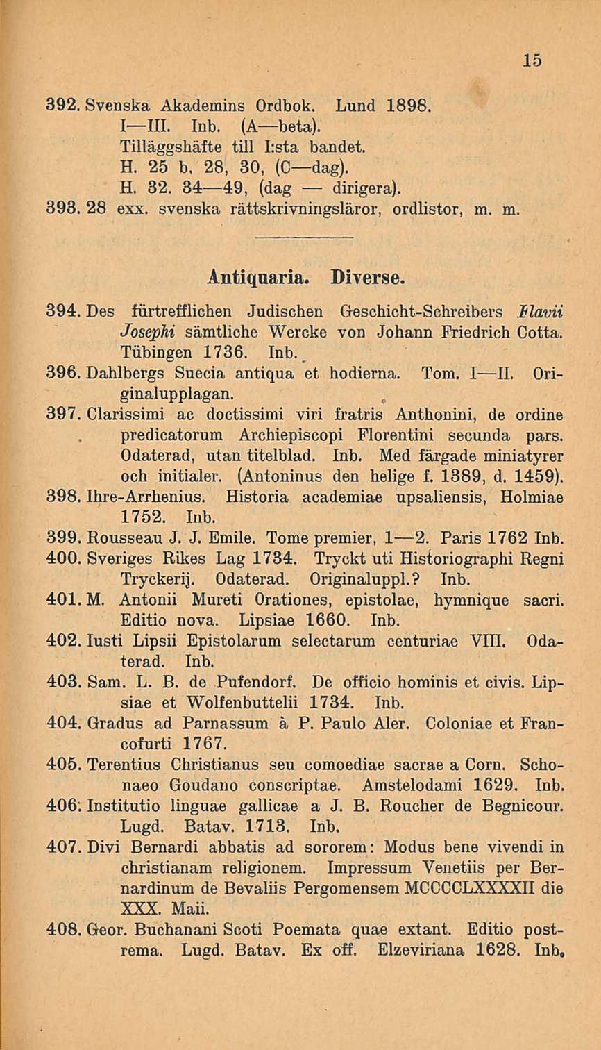 392. Svenska Akadeinins Ordbok. Lund 1898. IIII. Inb. (Abeta). Tilläggshäfte tili I:sta bandet. H. 25 b, 28, 30, (Cdag). H. 32. 3449, (dag dirigera). 393. 28 exx.