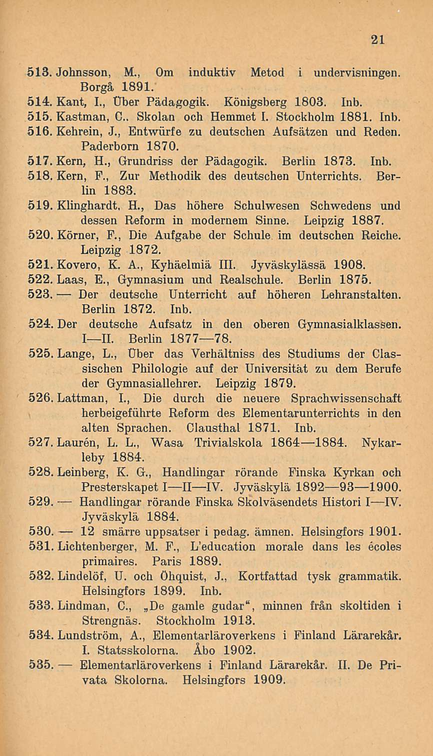 21 513. Johnsson, M., Om induktiv Metod i undervisningen. Borgå 1891. 514. Kant, 1., Ober Pädagogik. Königsberg 1803. Inb. 515. Kastman, C. Skolan och Hemmet I. Stockholm 1881. Inb. 516. Kehrein, J.