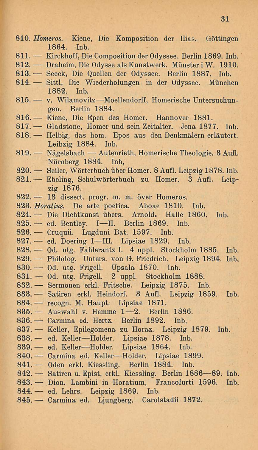 Draheim, ed. Satiren Carmina 810. Homeros. Kiene, Die Komposition der Ilias. Göttingen 1864. Inb. 811. Kirckhoff, Die Coraposition der Odyssee. Berlin 1869. Inb. 812. Die Odysse als Kunstwerk.