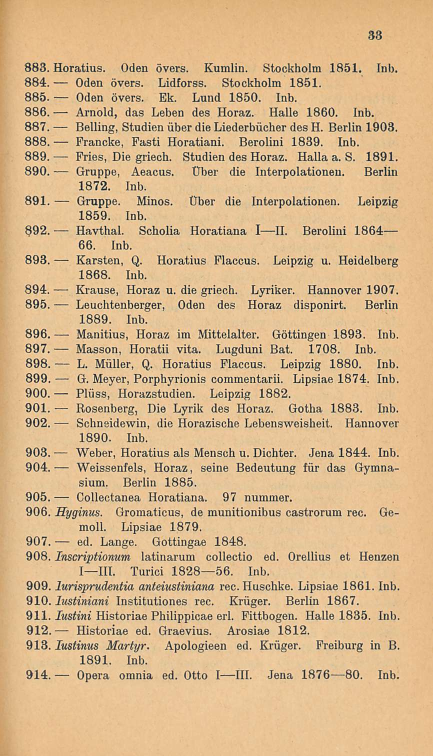 Pries, Manitius, 883. Horatius. Oden övers. Kumiin. Stockholm 1851. Inb. 884. Oden övers. Lidforss. Stockholm 1851. 885. Oden övers. Ek. Lund 1850. Inb. 886. Arnold, das Leben des Horaz. Halle 1860.