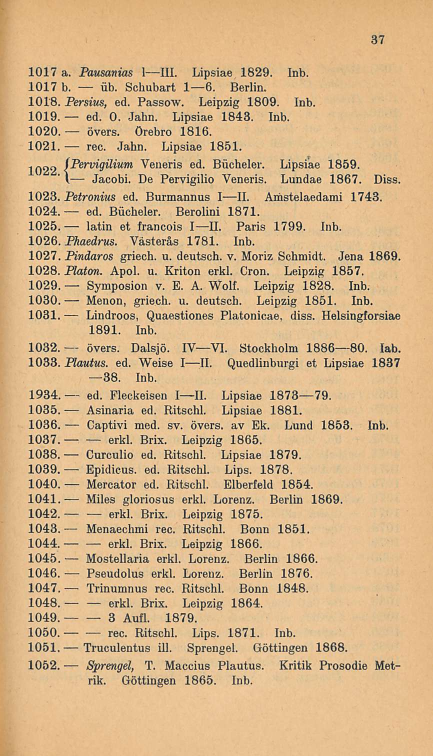 övers. Jacobi. ed. lätin Curculio Epidicus. Miles erkl. Truculentus 1017 a. Pausanias IIII.1III. Lipsiae 1829. Inb. 1017 b. iib. Schubart I6. Berlin. 1018. Persius, ed. Passow. Leipzig 1809. Inb. 1019.