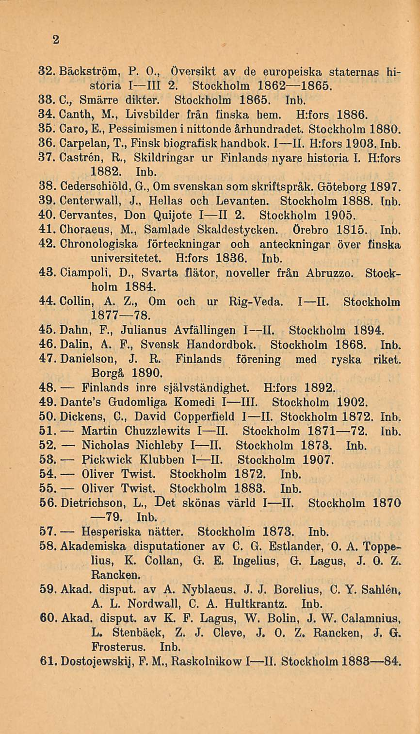 2 32. Bäckström, P. 0., Översikt av de europeiska staternas historia IIII 2. Stockholm 18621865. 33. C., Smärre dikter. Stockholm 1865, Inb. 34. Canth, M., Livsbilder från finska hem. Hrfors 1886. 35.