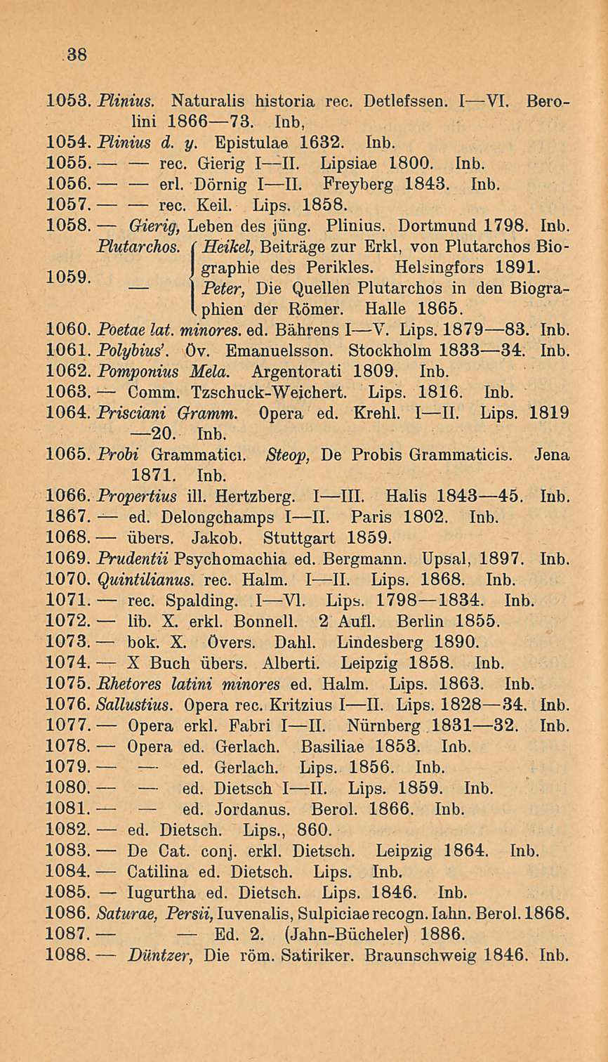 De ed. 38 1053. Plinius. Naturalis historia rec. Detlefssen. IVI. Berolini 186673. Inb, 1054. Plinius d. y. Epistulae 1632. Inb. 1055. rec. Gierig III. Lipsiae 1800. Inb. 1056. eri. Dörnig III.