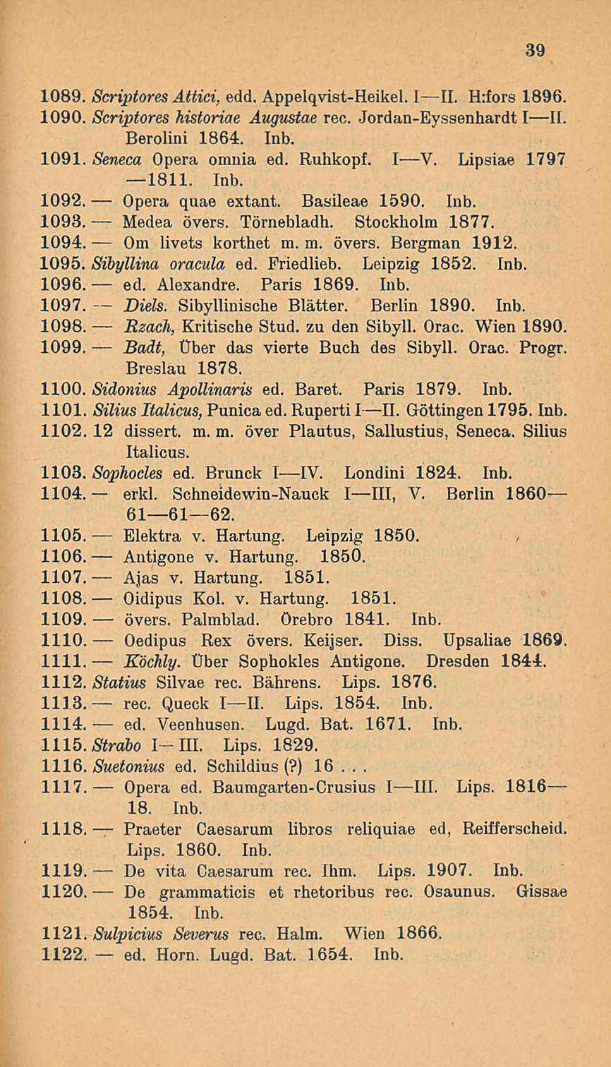 ed. 1089. Scriptores Attici, edd. Appelqvist-Heikel. I II. H:fors 1896. 1090. Scriptores historiae Augustae rec. Jordan-Eyssenhardt III. Berolini 1864. Inb. 1091. Seneca Opera omnia ed. Ruhkopf. IV.