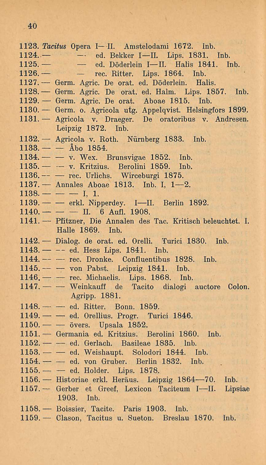 rec. Germ. Historiae Gerber Boissier, 40 1123. Tacitus Opera III. Amstelodami 1672. Inb. 1124. ed. Bekker III. Lips. 1831. Inb. 1125. ed. Döderlein III. Halis 1841. Inb. 1126. Ritter. Lips. 1864. Inb. 1127.