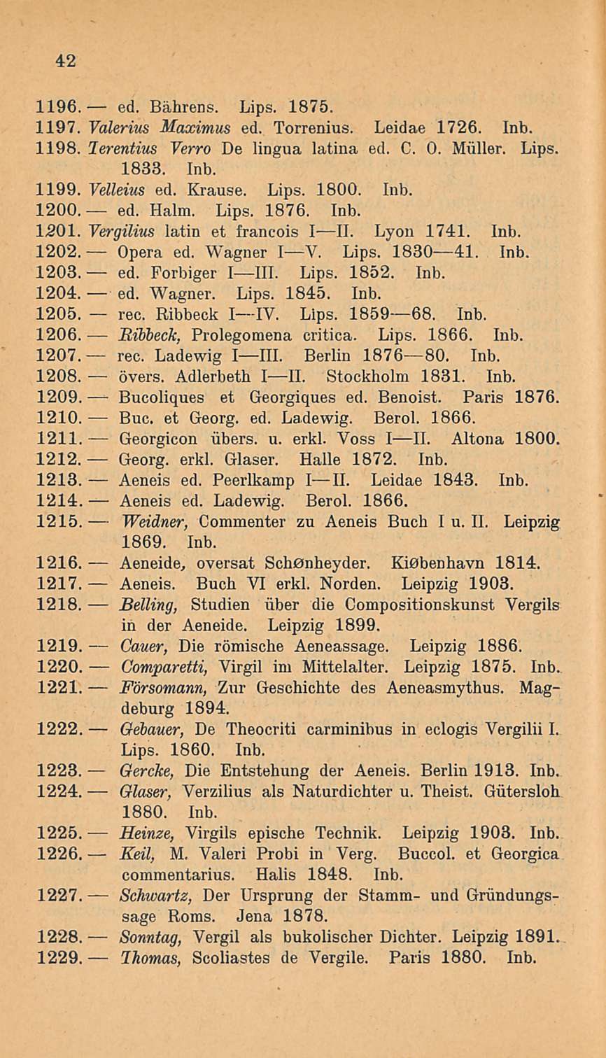 Heinze, 42 1196. ed. Bährens. Lips. 1875. 1197. Valerivs Maximus ed. Torrenius. Leidae 1726. Inb. 1198. lerentius Verro De lingua latina ed. C. 0. Miiller. Lips. 1833. Inb. 1199. Velleius ed. Krause.