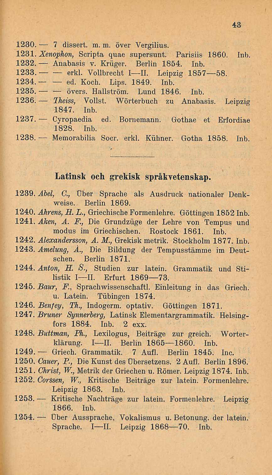 Griech. 43 1230. 7 dissert. m. m. över Vergilius. 1231. Xenophon, Scripta quae supersunt. Parisiis 1860. Inb. 1232. Anabasis v. Kruger. Berlin 1854. Inb. 1233. erkl. Vollbrecht III. Leipzig 185758.