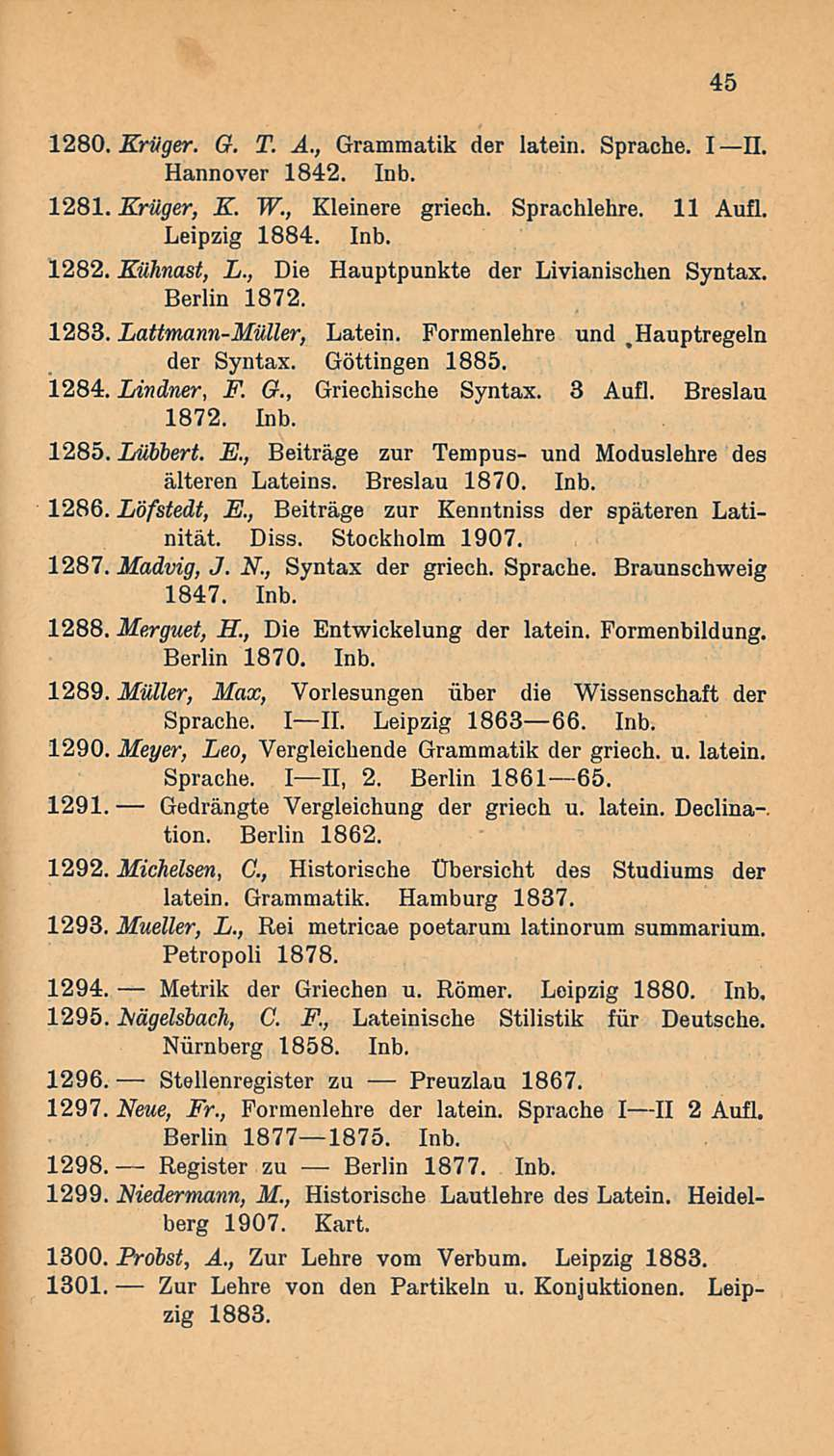 1280. Kruger. G. T. A., Grammatik der lätein. Sprache. I n. Hannover 1842. Inb. 1281. Kruger, K. W., Kleinere griech. Sprachlehre. 11 Aufl. Leipzig 1884. Inb. 1282. Kuhnast, L.