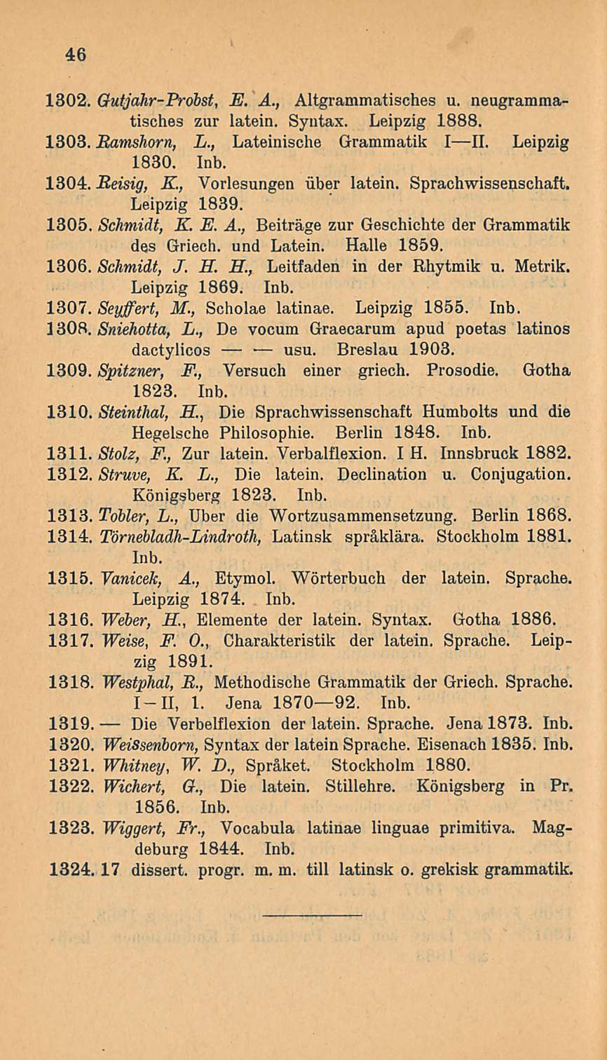 46 1302. Gutjdhr-Probst, E. A., Altgrammatisches u. neugrammatisches zur lätein. Syutax. Leipzig 1888. 1303.Bamshorn, L., Lateinische Grammatik III. Leipzig 1830. Inb. 1304,Beisig, K.