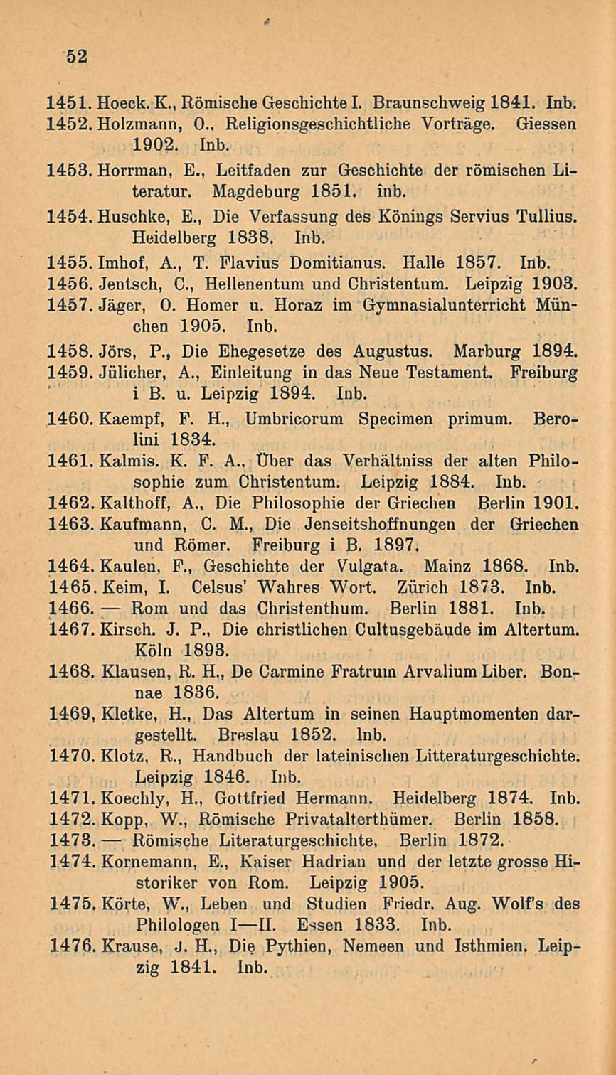 Römisehe 52 1451. Hoeck. K., Römische Geschichtel. Braunschweig 1841. Inb. 1452. Holzmann, 0.. Religionsgeschichtliche Vorträge. Giessen 1902. Inb. 1453. Horrman, E.