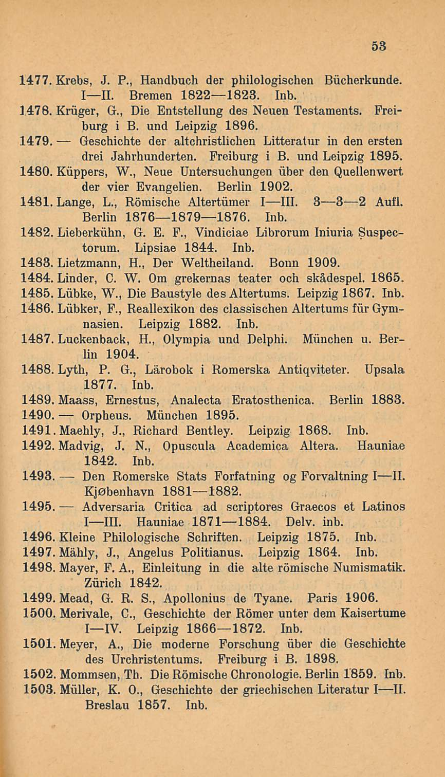 1477.Krebs, J. P., Handbuch der philologischen Bucherkunde. III. Bremen 18221823. Inb. 1478. Kruger, G., Die Entstellung des Neuen Testaments. Freiburg i B. und Leipzig 1896. 1479.