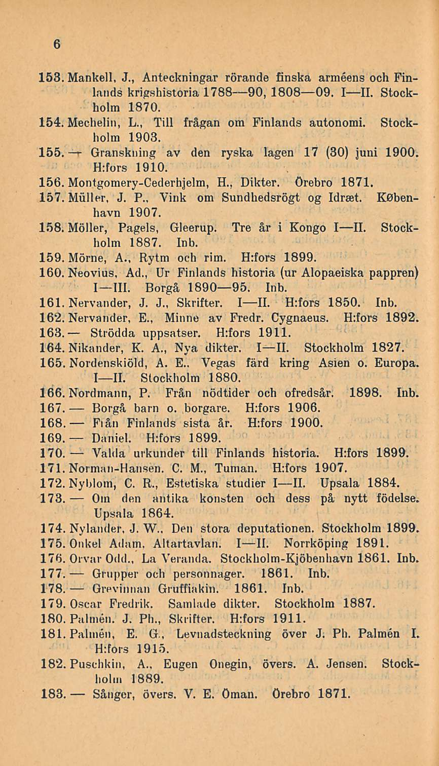 Strödda Fiån Om 6 153. Mankeli, J., Anteckningar rörande finska armeens och Finlands krigshistoria 178890, 180809. III. Stockholm 1870. 154. Mechelin, L., Tili frågan om Finlands autonomi.