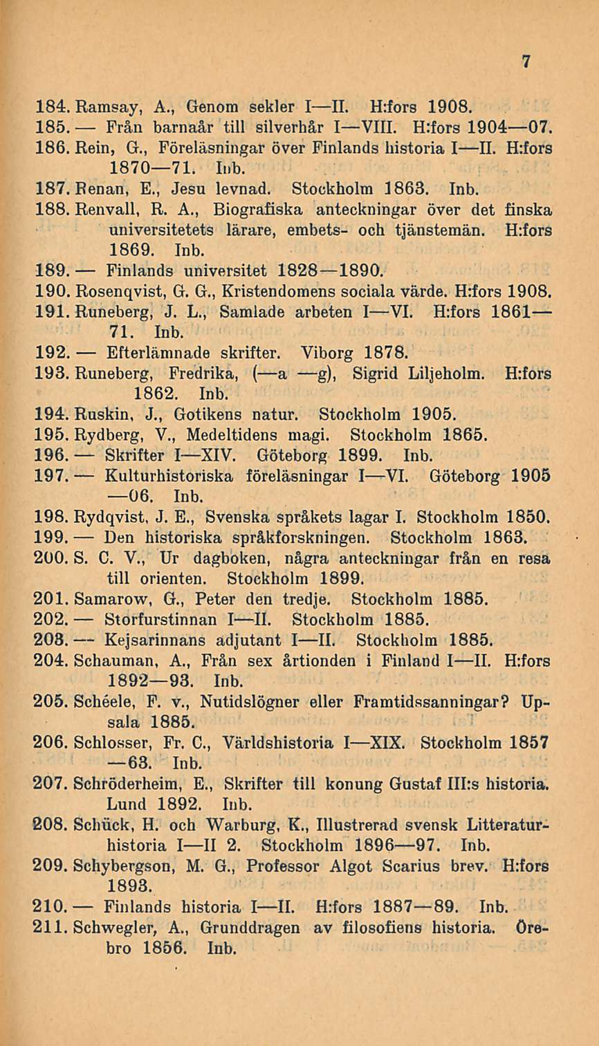 Finlands Kulturhistoriska Den Kejsarinnans 184. Ramsay, A., Genom sekler III. H:fors 1908. 185. Från barnaår tili silverhår IVIII. H:fors 190407. 186. Rein, G.