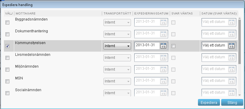 2. Vid val av Expediera externt visas dialogen Expediera handling där även dialog för nya eller befintliga mottagare kan
