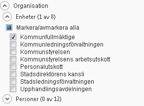 9.2.8 Sökning på detaljnivå organisation enhetsnivå 1. Användaren har valt att söka på exempelvis informationstyp Ä (minst en informationstyp) genom att bocka i ( ) detta alternativ. 2.