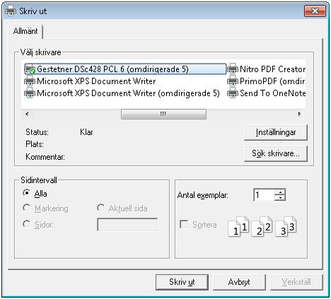 4. Standarddialogen för utskrift öppnas och val av lämplig