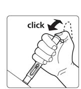 7) Ge injektionen När du håller den förfyllda injektionspennan stadigt på plats, tryck på aktiveringsknappen med din tumme och släpp genast knappen. Ett klickljud indikerar att injektionen startar.