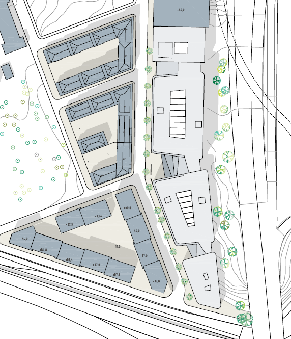 Kristinebergs slott 5 m fl Planområde Krillans krog 1 Illustration som visar de fyra kontorshusen utmed Essingeleden till höger, Drottningholmsvägen och tunnelbanan längst ned i bild och