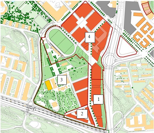 Del av planöversikt för Västra Kungsholmen januari 2016. Röda områden markerar planerad bebyggelse 1.