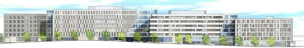 Fotomontage från Tranebergsbron. De fyra kontorshusen syns i bakkant över bostadshusen. De följer terrängen och dalsänkan. Den centrala stadens tinnar och torn syns i fjärran.