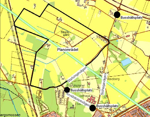 5.6 Trafikförhållanden För att ta sig till planområdet finns tre huvudvägar, Stafsingevägen, Arvidstorpsvägen och Solhagavägen. Stafsingevägen är idag ca 5 m bred med tillåten hastighet 70km/h.