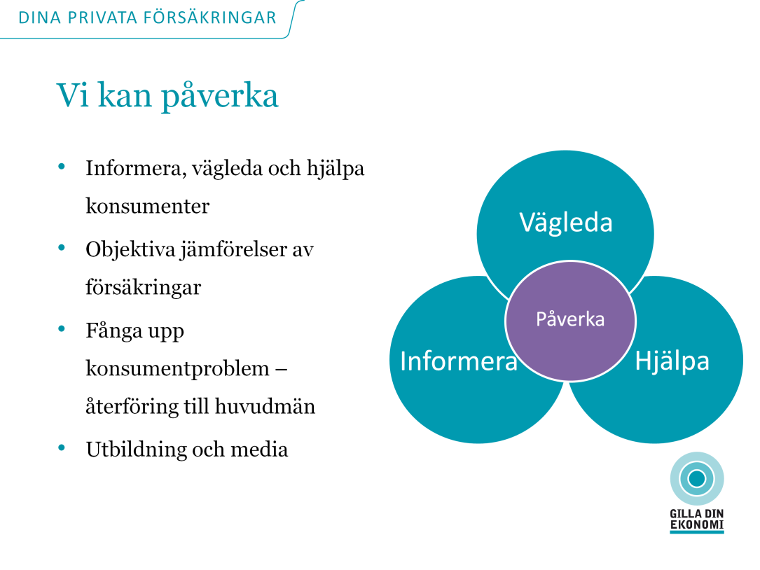 Stiftelse (1979) Stadgar: oberoende informera, vägleda och hjälpa konsumenter i försäkringsfrågor. Inte ombud. Jurister ger kostnadsfri vägledning, vardagar 09:00 12:00. Hjälp till självhjälp.